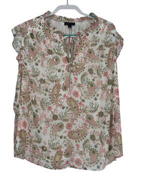Tamara H Women Paisley Floral Blouse 2X Plus Gold Metallic Tie Boho Neck Ruffle